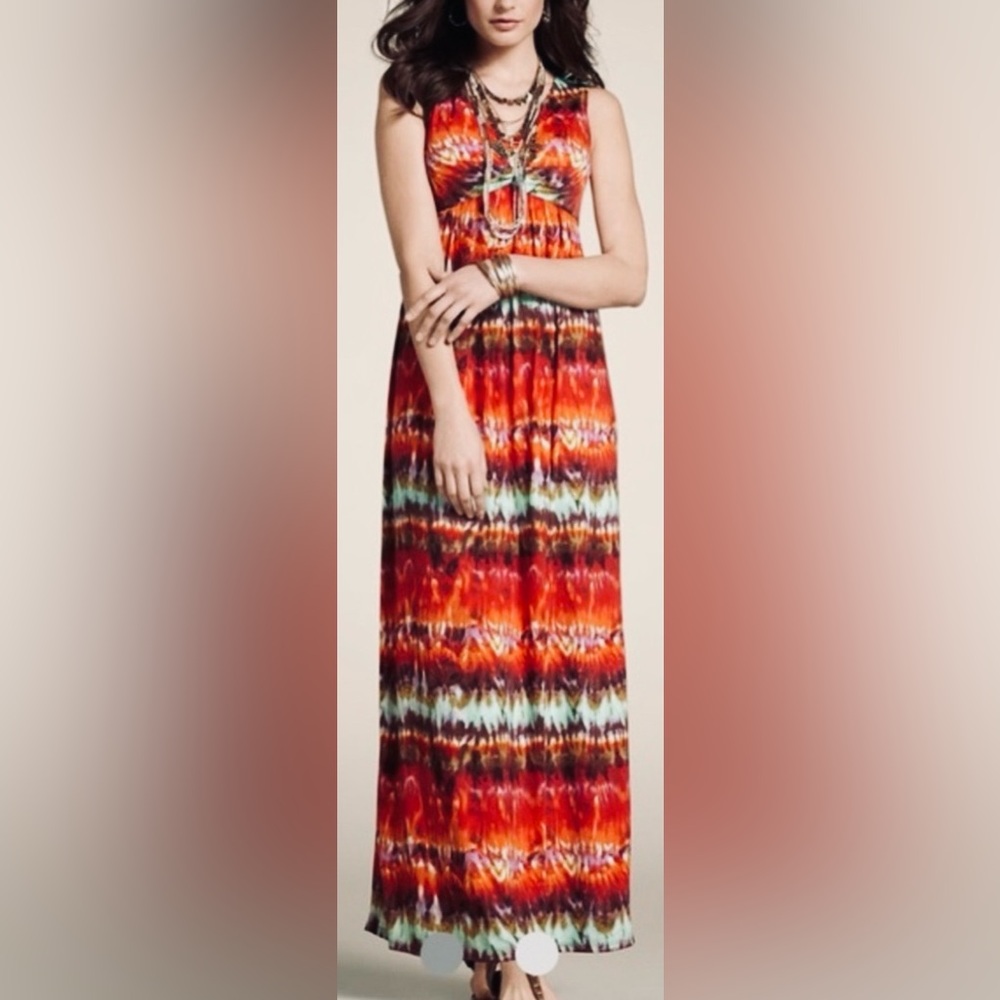 Chico's “Trina” Sleeveless Bohemian Tie-dye Maxi Dress in Red/Orange/Purple sz 1